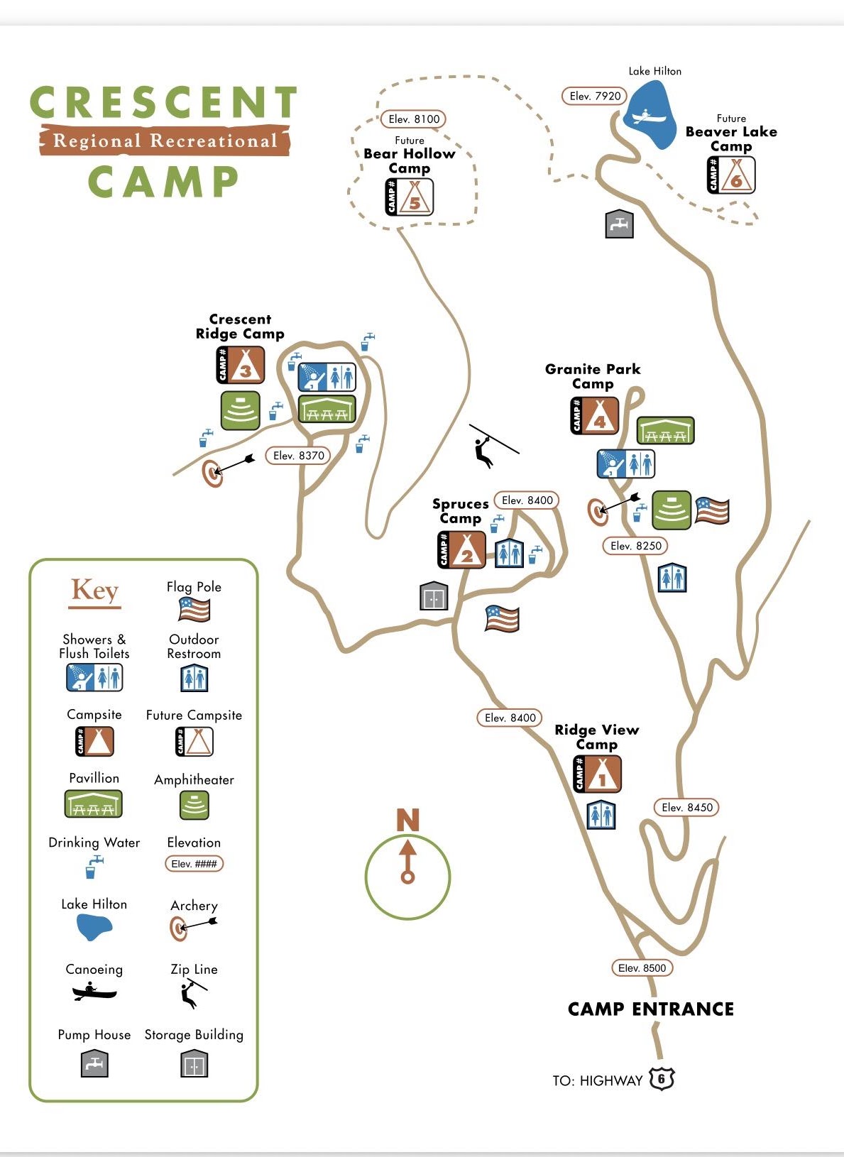 Map of Crescent Regional Recreational Camp showing camps, roads, facilities, and elevations